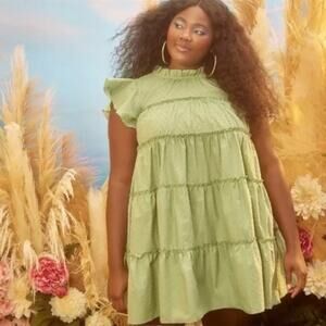 Eloquii Short Sleeve Mini Dress Tiered 14/16 Green Dot Boho Chic